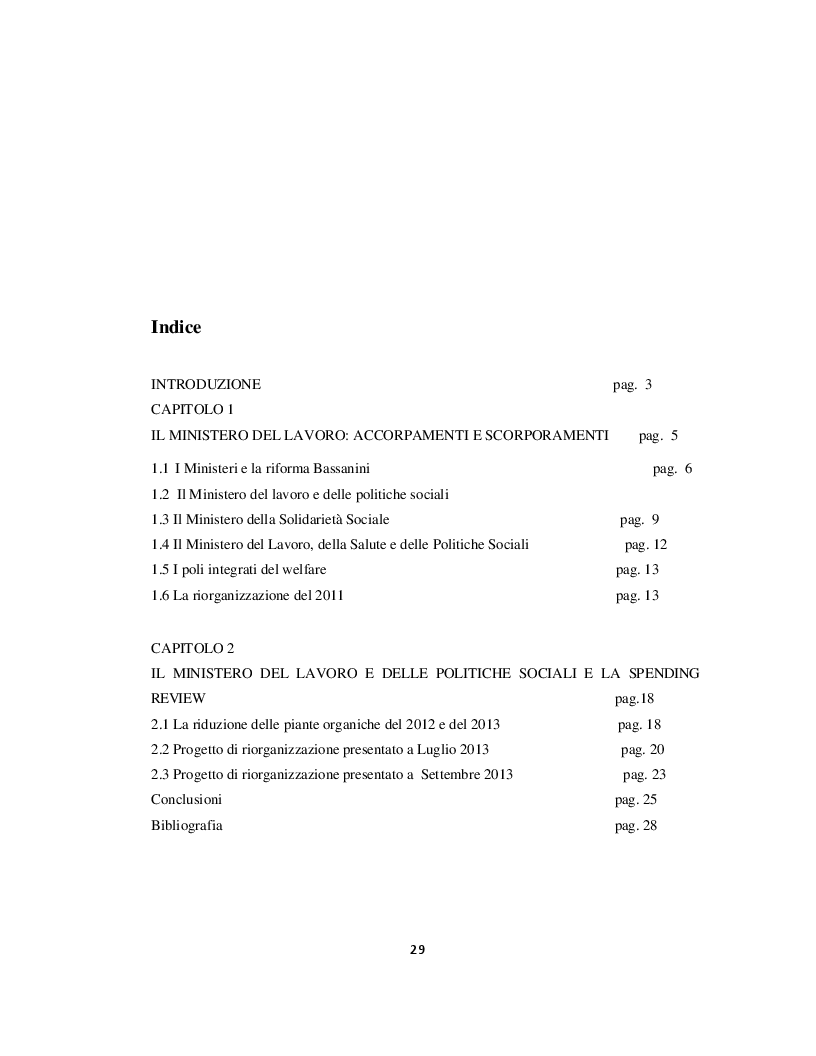 Indice della tesi: I processi di riorganizzazione del Ministero del Lavoro e delle Politiche Sociali, Pagina 1