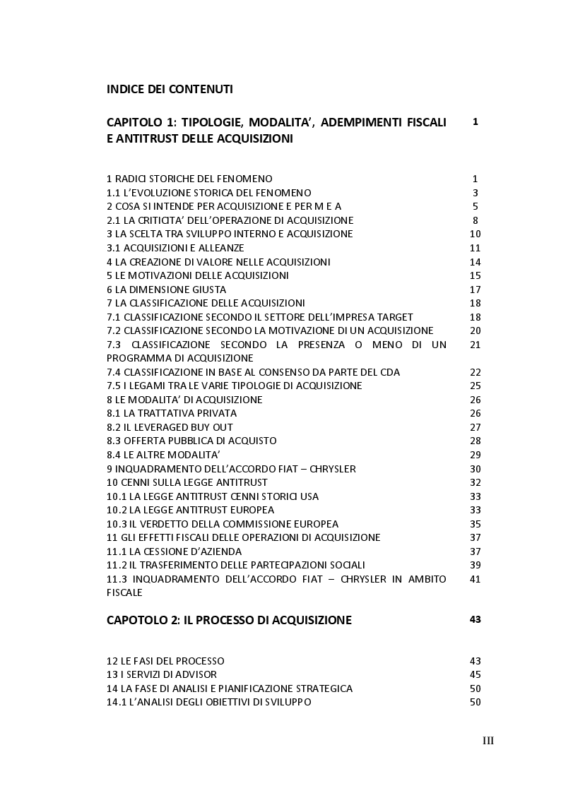 Indice della tesi: L'accordo Fiat - Chrysler nell'ambito delle aggregazioni aziendali, Pagina 1