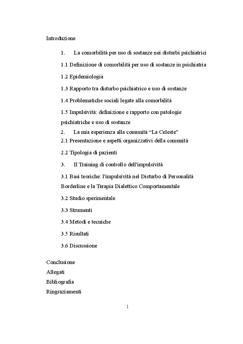 Indice della tesi: Training per il controllo dell'impulsività in pazienti psichiatrici con comorbilità da uso di sostanze, Pagina 1