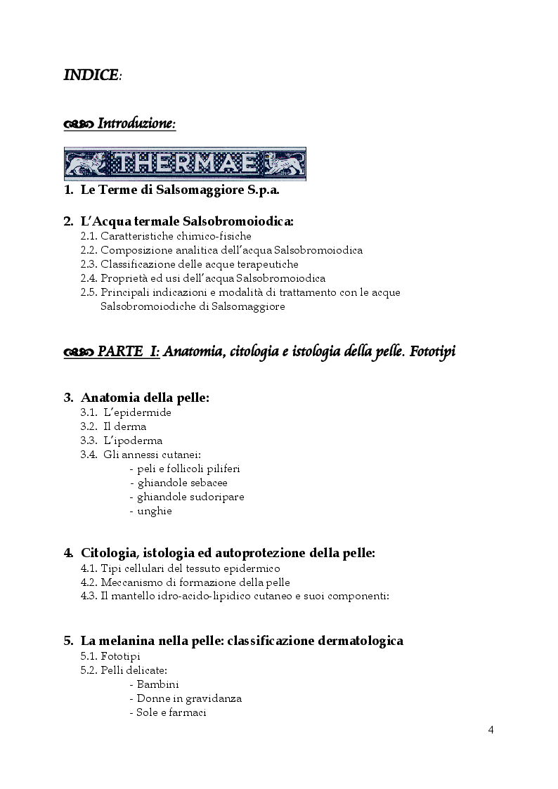 Indice della tesi: Linea dermocosmetica delle Terme di Salsomaggiore S.p.A.: l'esposizione solare e lo studio di un prodotto a base di acqua termale, in sinergia con un complesso attivatore dell'abbronzatura, Pagina 1