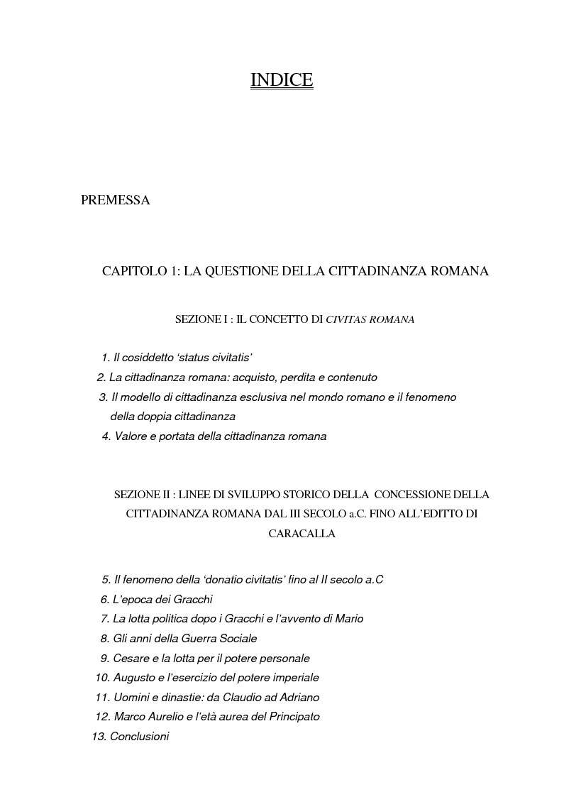 Indice della tesi: La cittadinanza a tutti gli abitanti del mondo romano. Problemi giuridici della constitutio antoniniana, Pagina 1
