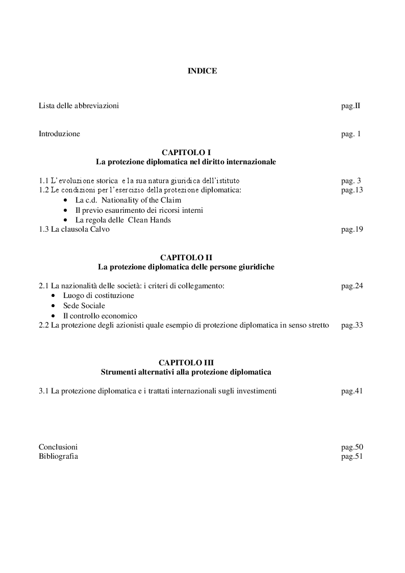 Indice della tesi: La Protezione Diplomatica delle società, Pagina 1