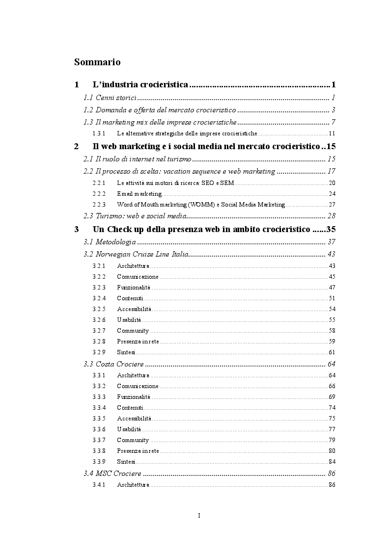 Indice della tesi: Il web e il mercato crocieristico: quattro player a confronto, Pagina 1