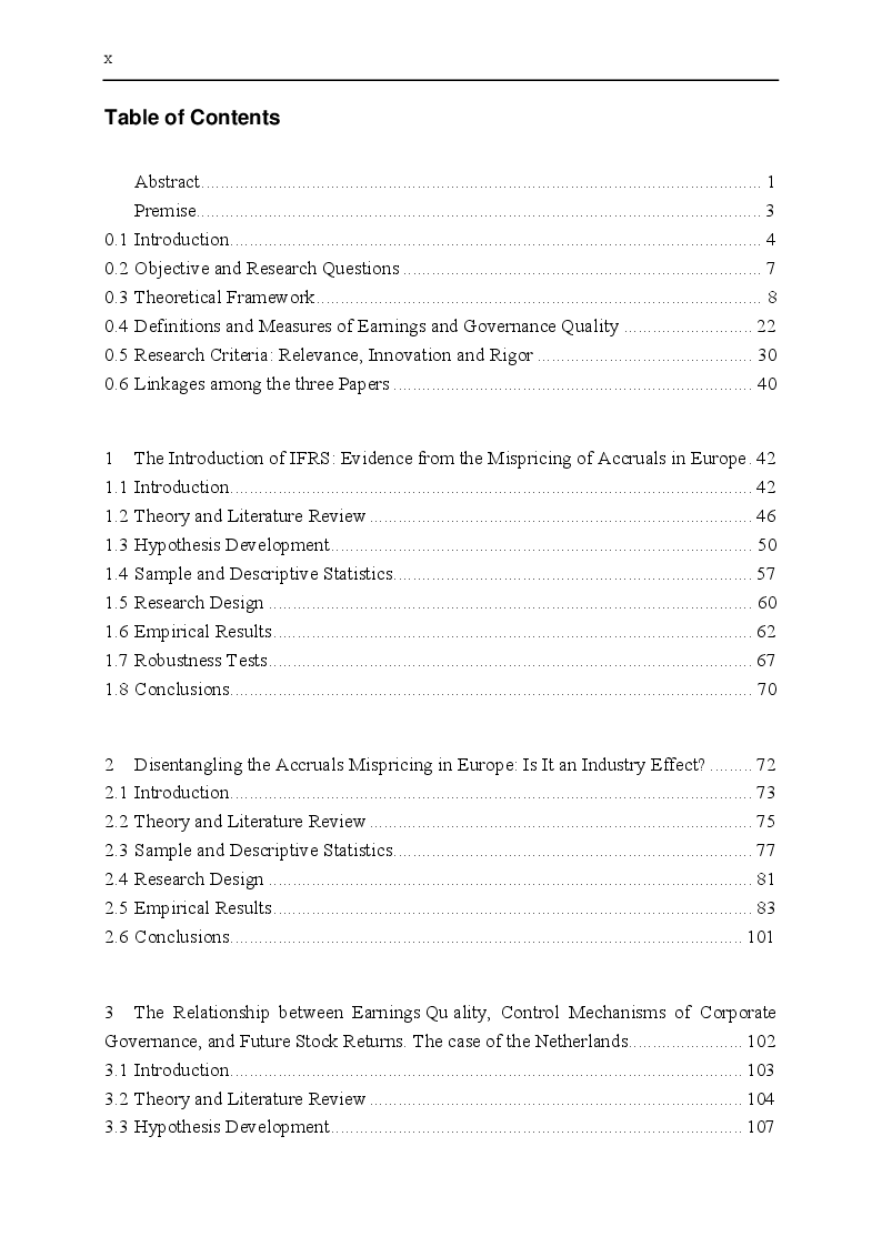 Indice della tesi: The Quality of Eranings, Governance and Future Stock returns in Europe. An Empirical Study, Pagina 1