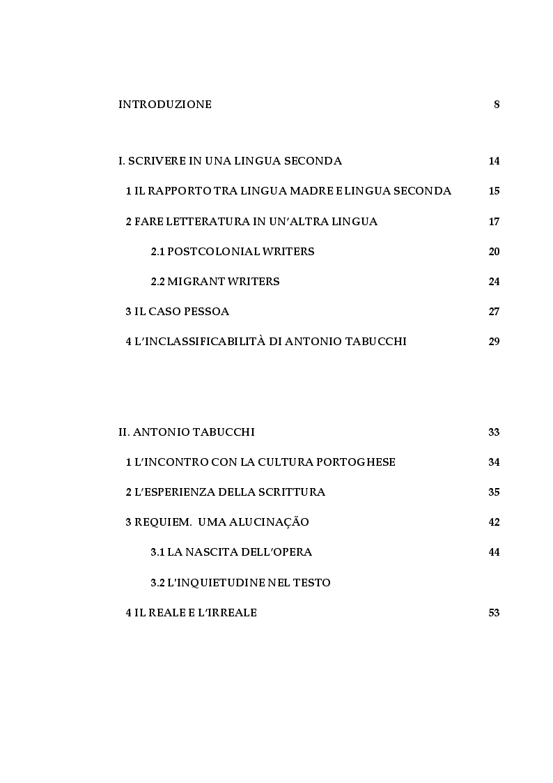 Indice della tesi: In bilico tra lingua madre e lingua seconda. Analisi e traduzione dello sdoppiamento linguistico di Antonio Tabucchi in Requiem, Pagina 1