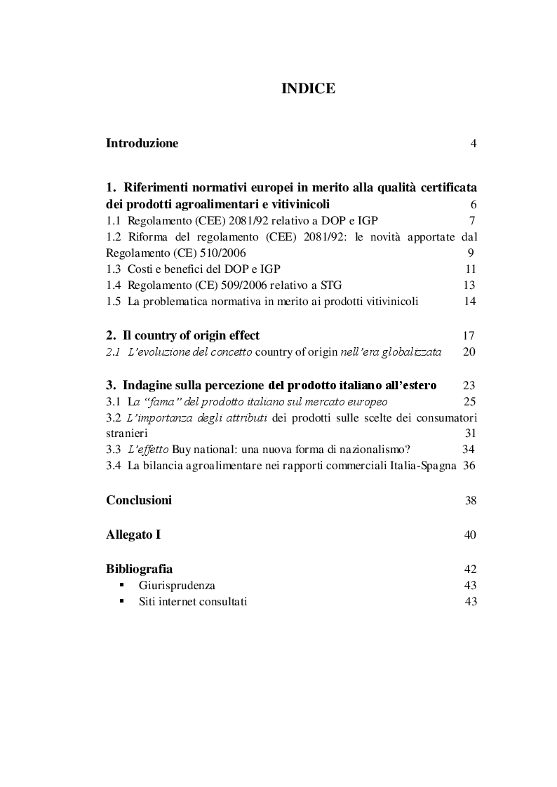 Indice della tesi: La percezione del prodotto di qualità certificata, Pagina 1