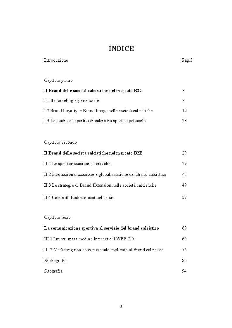 Indice della tesi: Politiche di Marketing e Brand Image delle società calcistiche, Pagina 1