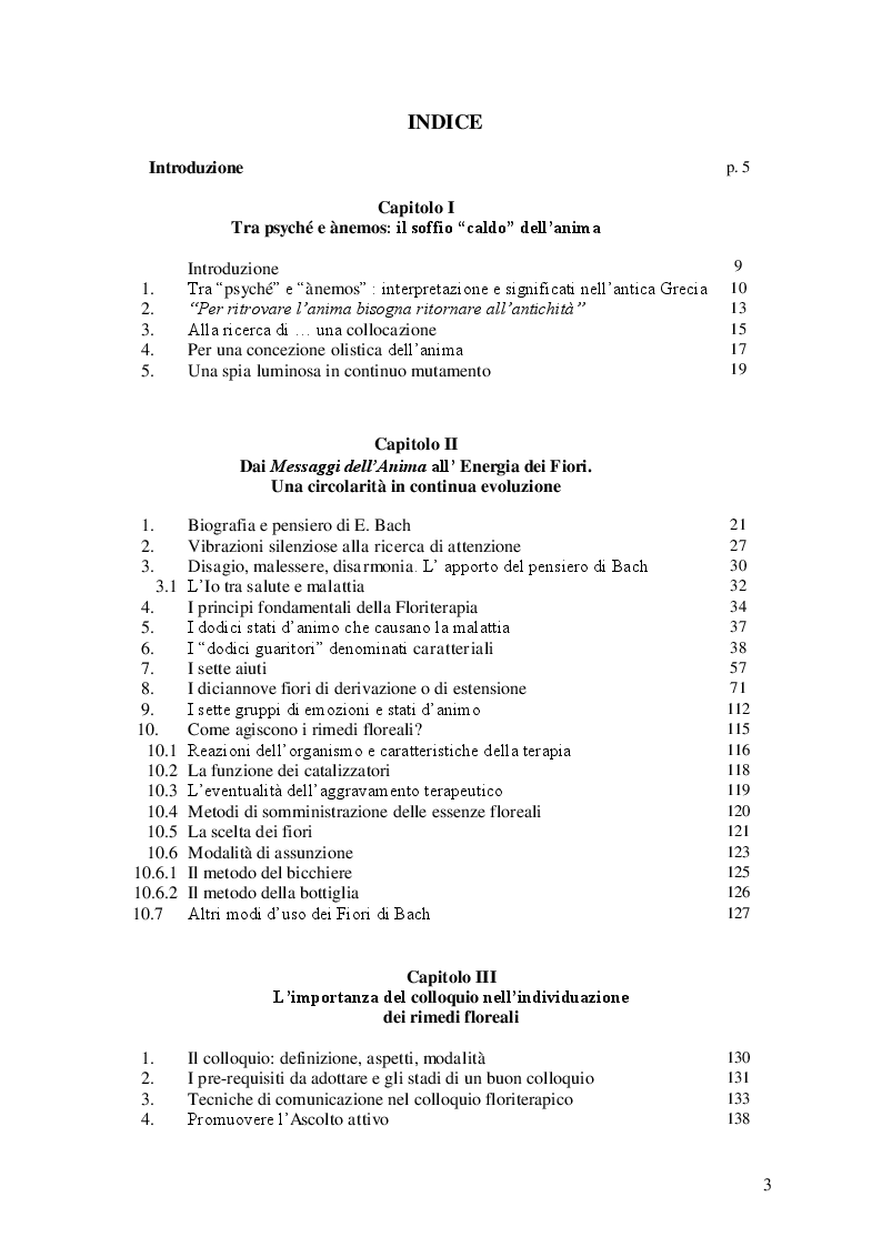 Indice della tesi: Alla ri-scoperta dei rimedi floreali di E. Bach. Ànemos, energia, soma: una unità inscindibile, Pagina 1