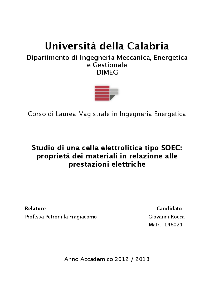 Anteprima della tesi: Studio di una cella elettrolitica tipo SOEC: proprietà dei materiali in relazione alle prestazioni elettriche, Pagina 1