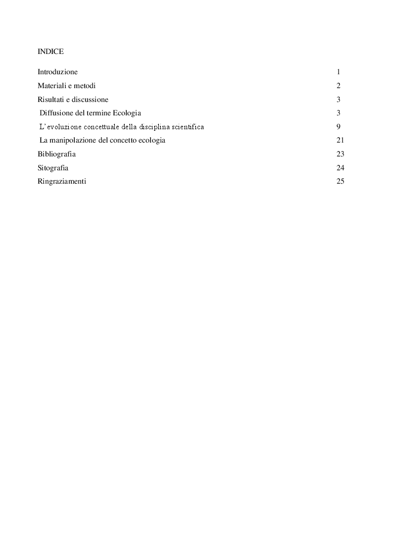 Indice della tesi: Ecologia: un'epigrafe ambigua per una scienza multidisciplinare., Pagina 1