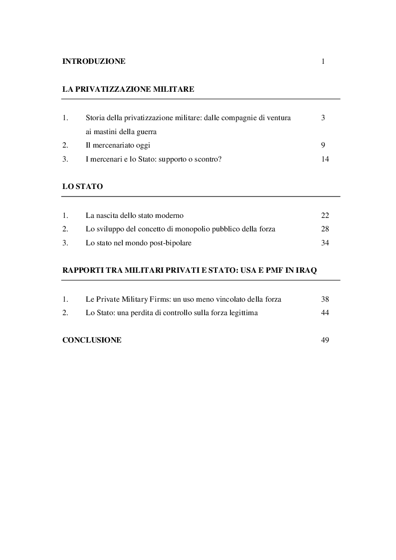Indice della tesi: Le Private Military Firms e lo Stato. Un confronto sul monopolio della forza, Pagina 1