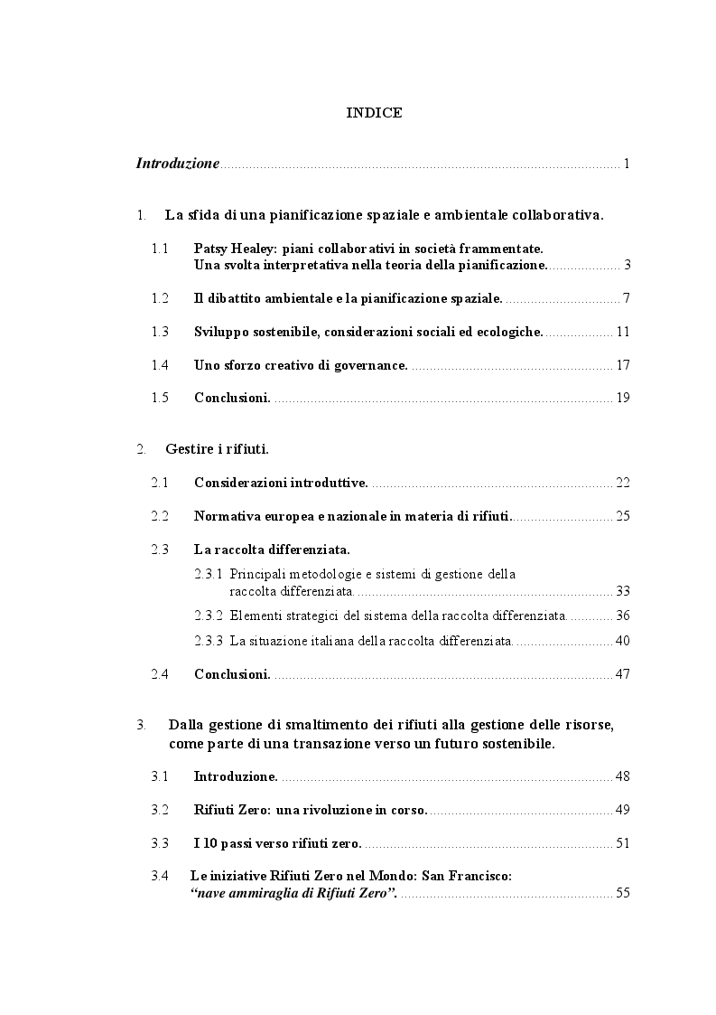 Indice della tesi: Zero Waste: dalla gestione dei rifiuti alla gestione delle risorse, Pagina 1