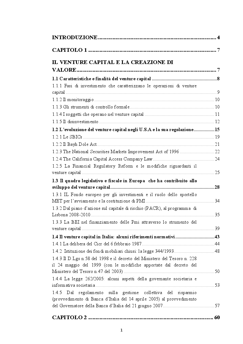 Indice della tesi: Il venture capital e gli strumenti giuridici a disposizione del venture capitalist e dell'impresa, Pagina 1