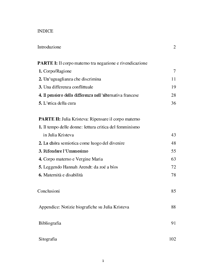 Indice della tesi: Corporeità e maternità in Julia Kristeva, Pagina 1
