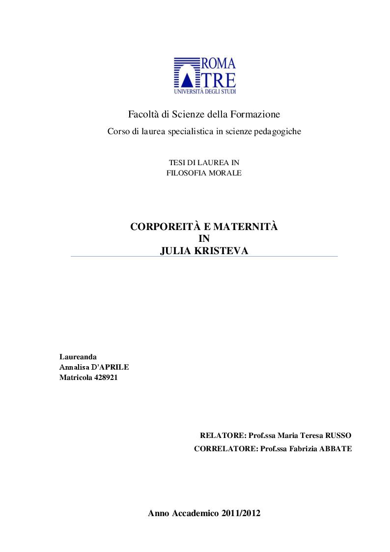 Anteprima della tesi: Corporeità e maternità in Julia Kristeva, Pagina 1