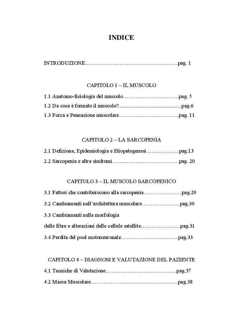 Indice della tesi: La valutazione della Sarcopenia nel paziente da riabilitare, Pagina 1