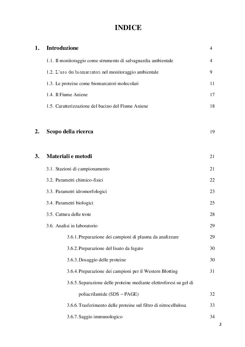 Indice della tesi: Monitoraggio delle acque del Fiume Aniene attraverso l'utilizzo di marcatori molecolari in Salmo trutta (Linnaeus, 1758), Pagina 1