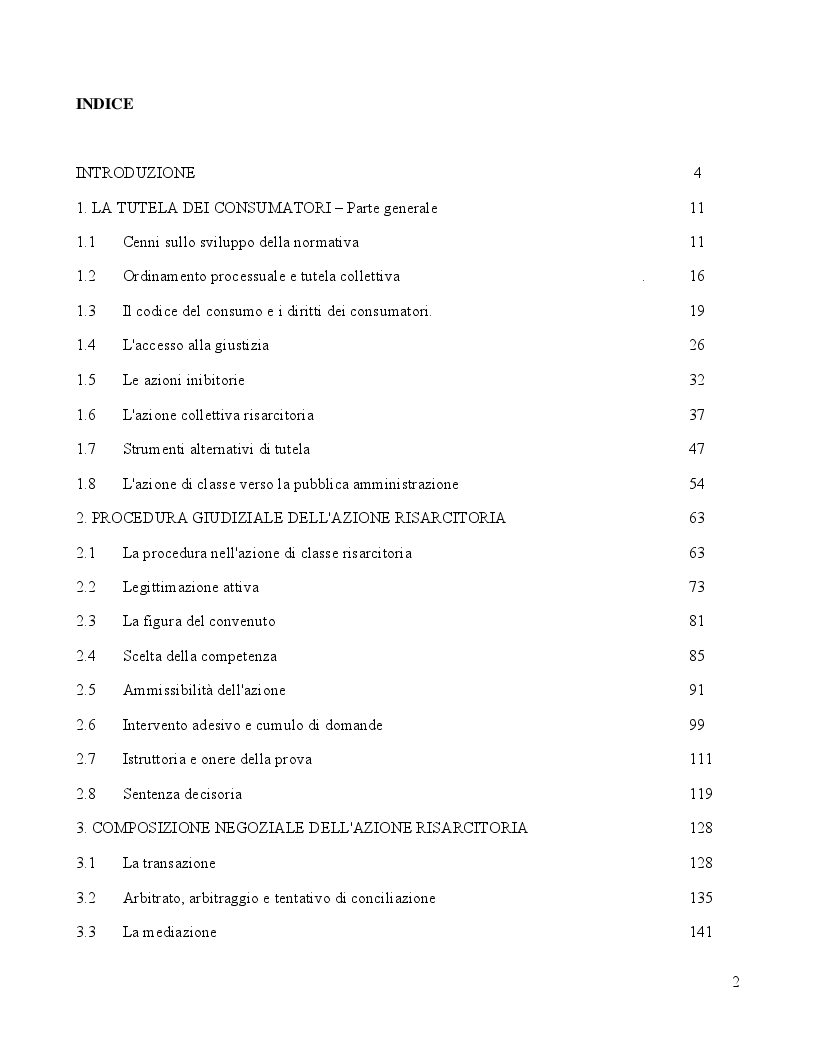 Indice della tesi: La tutela collettiva dei consumatori. Profili processuali della nuova azione collettiva risarcitoria, Pagina 1