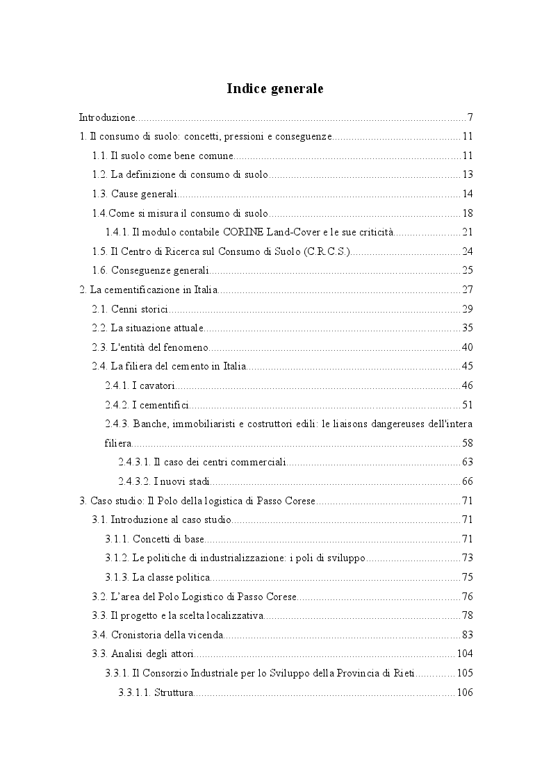Indice della tesi: Il consumo di suolo in Italia: il caso del polo della logistica di Passo Corese, Pagina 1