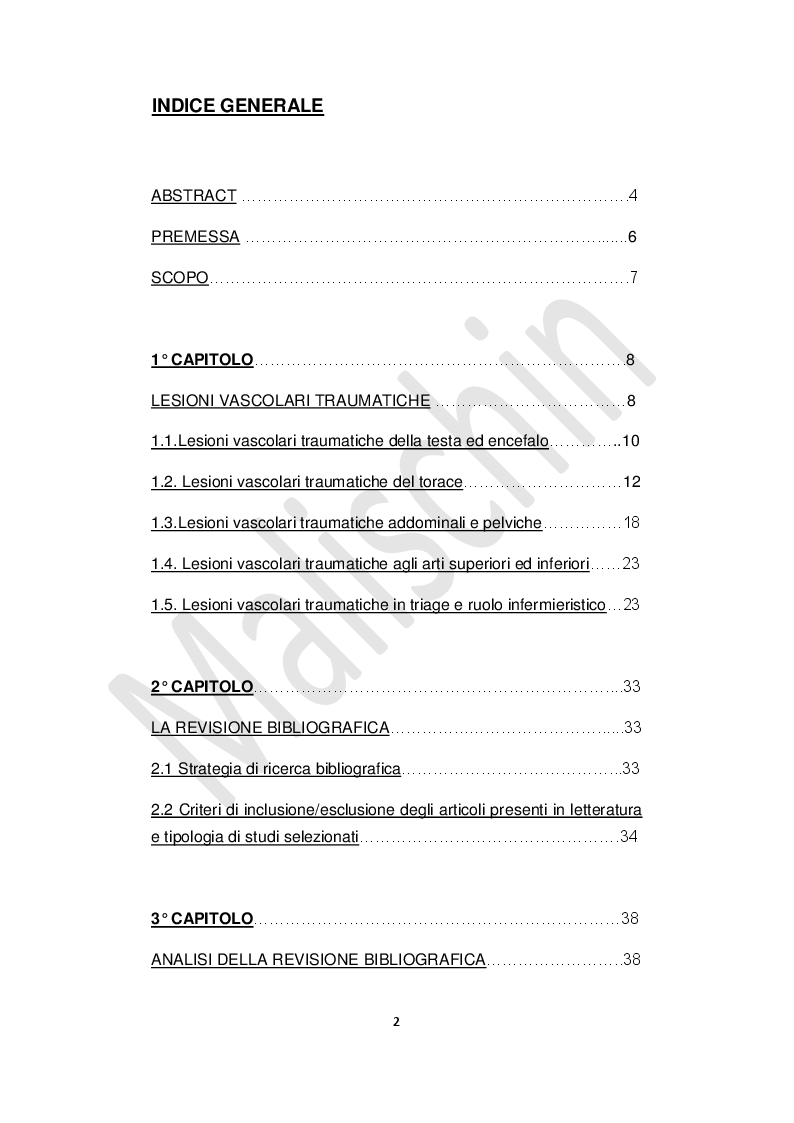 Indice della tesi: Assistenza infermieristica in triage nella gestione delle lesioni vascolari traumatiche: revisione della letteratura, Pagina 1