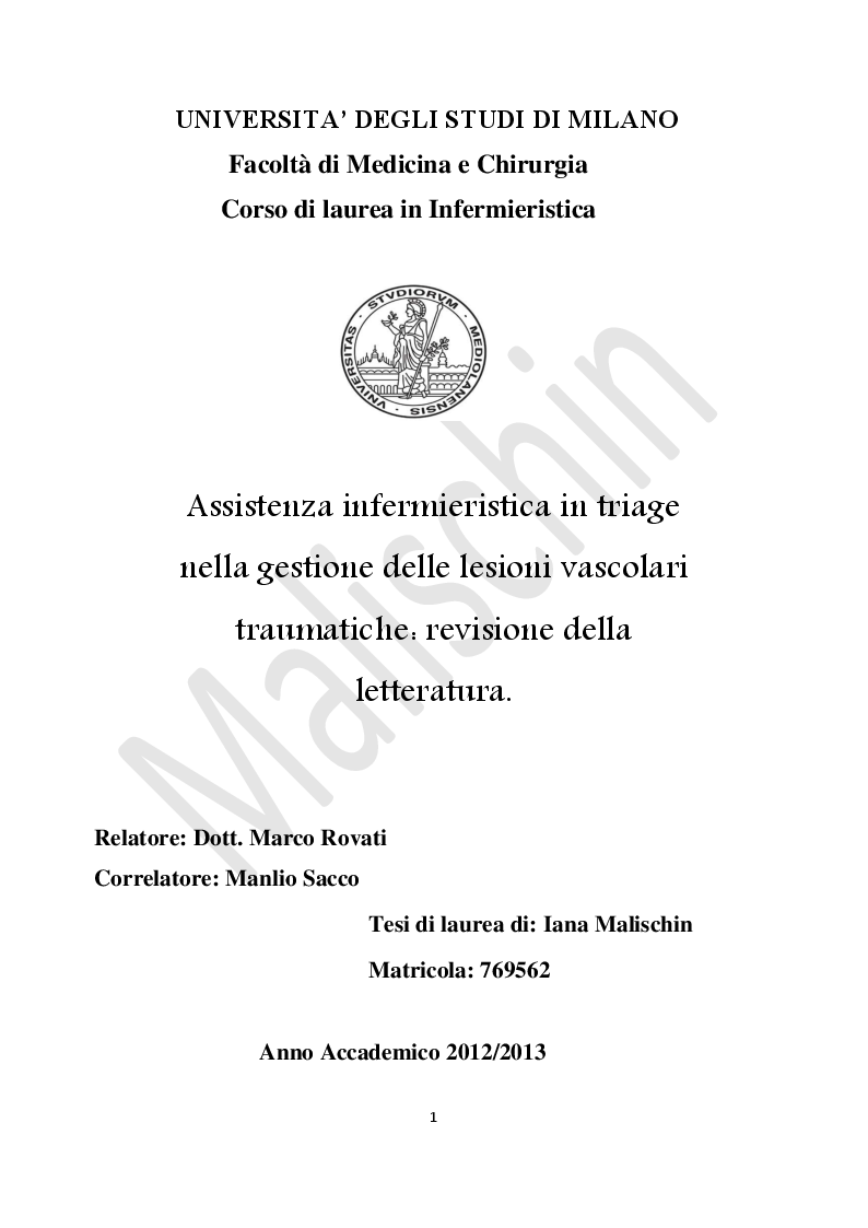 Anteprima della tesi: Assistenza infermieristica in triage nella gestione delle lesioni vascolari traumatiche: revisione della letteratura, Pagina 1