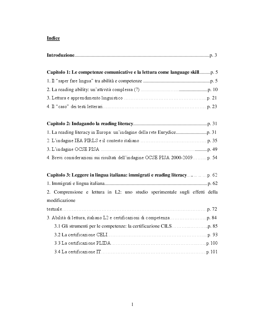 Indice della tesi: Lingua Italiana e abilità di lettura. Competenze, Indagini, Percorsi di insegnamento, Pagina 1