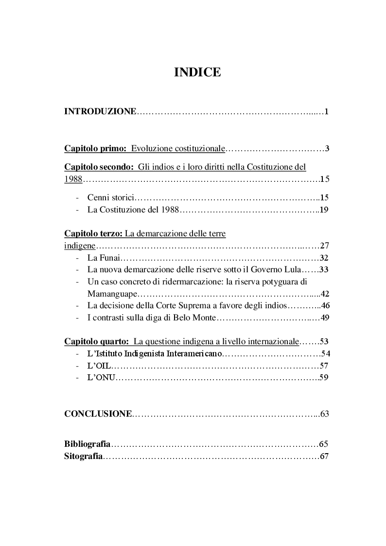 Indice della tesi: Lo sviluppo della disciplina per la tutela degli indios in Brasile, Pagina 1