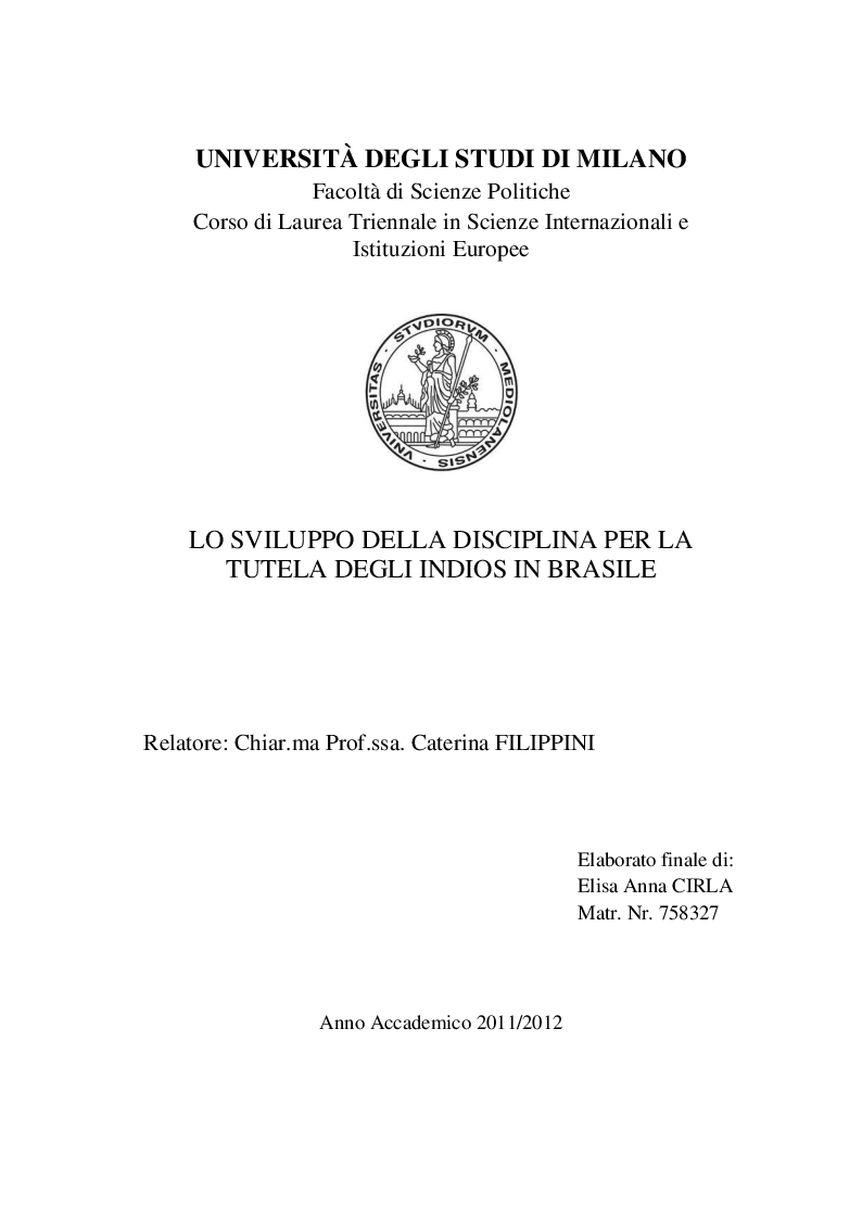 Anteprima della tesi: Lo sviluppo della disciplina per la tutela degli indios in Brasile, Pagina 1