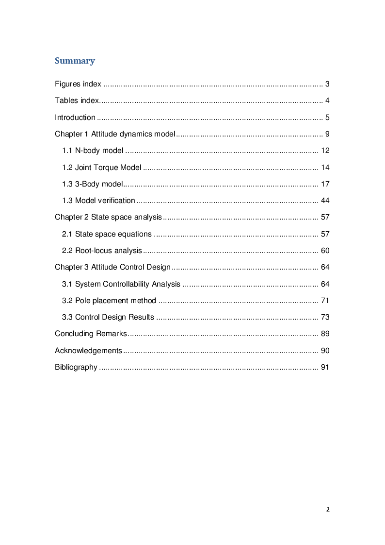 Indice della tesi: Modeling and simulation of the attitude dynamics and control of a multi-module satellite, Pagina 1
