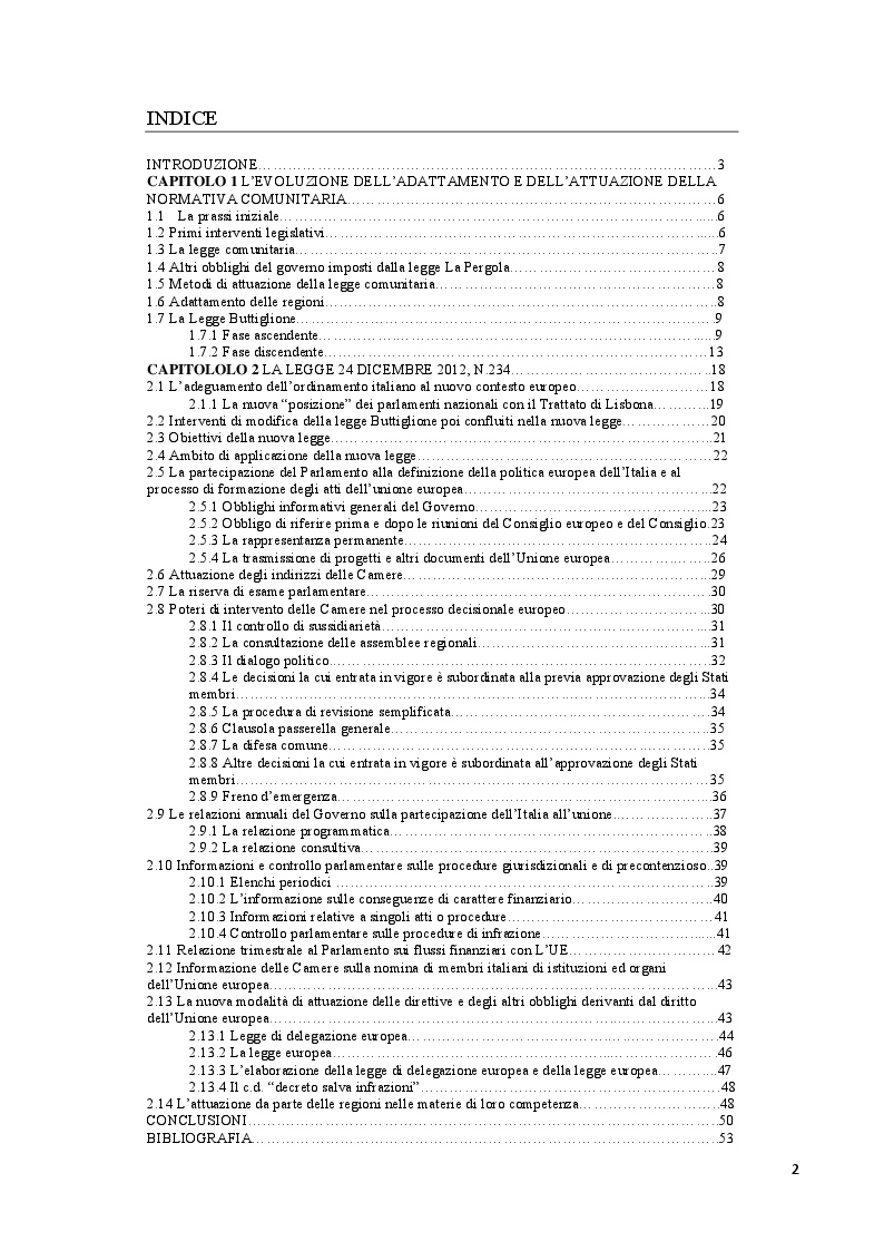 Indice della tesi: La partecipazione dell'Italia alla formazione e all'attuazione della normativa comunitaria: la legge 24 dicembre 2012 n°234, Pagina 1