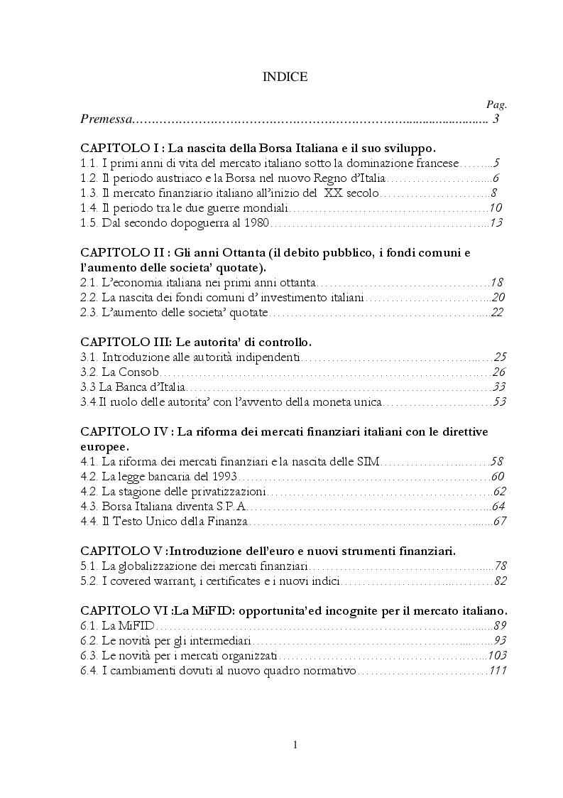 Indice della tesi: Il mercato mobiliare italiano dagli anni '80 alla fusione con il LSE : aspetti normativi e strutturali, Pagina 1