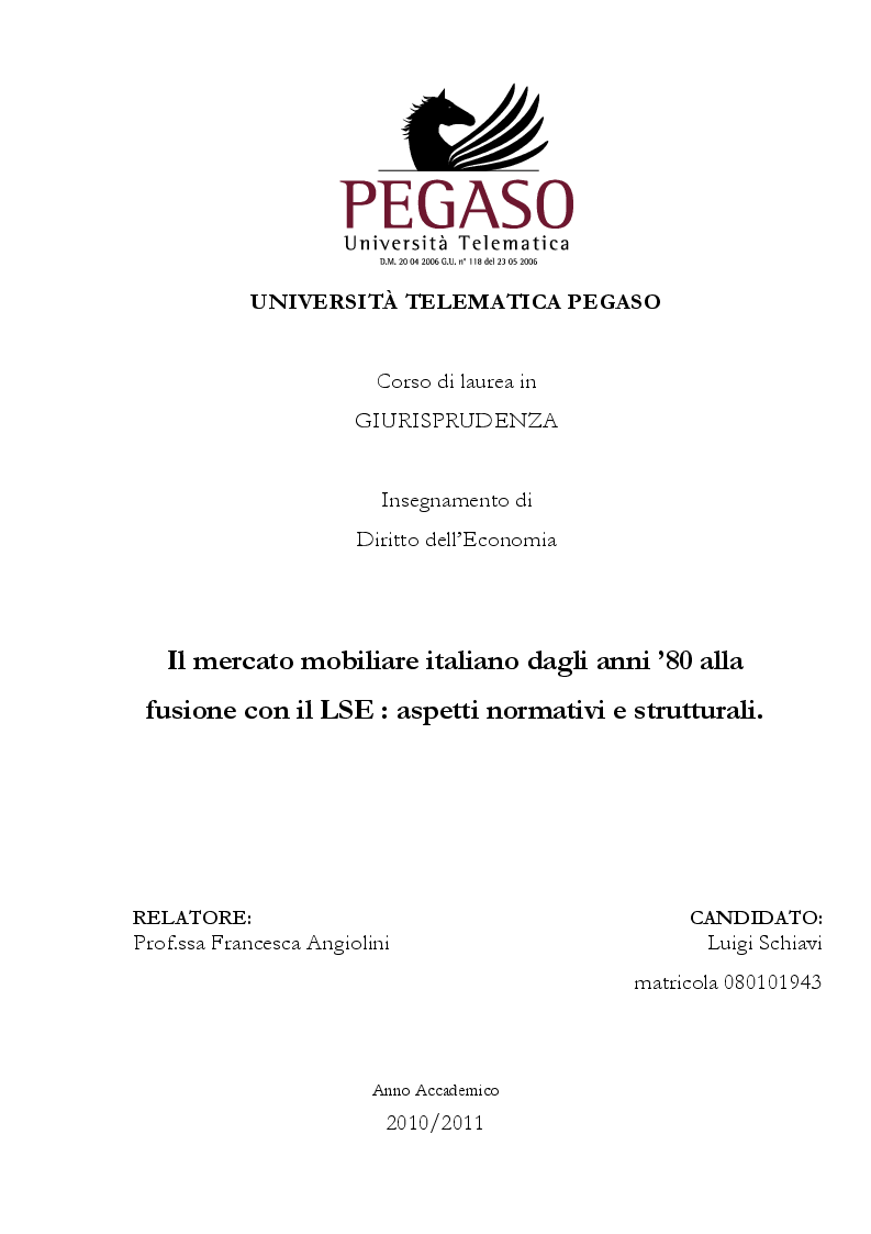 Anteprima della tesi: Il mercato mobiliare italiano dagli anni '80 alla fusione con il LSE : aspetti normativi e strutturali, Pagina 1