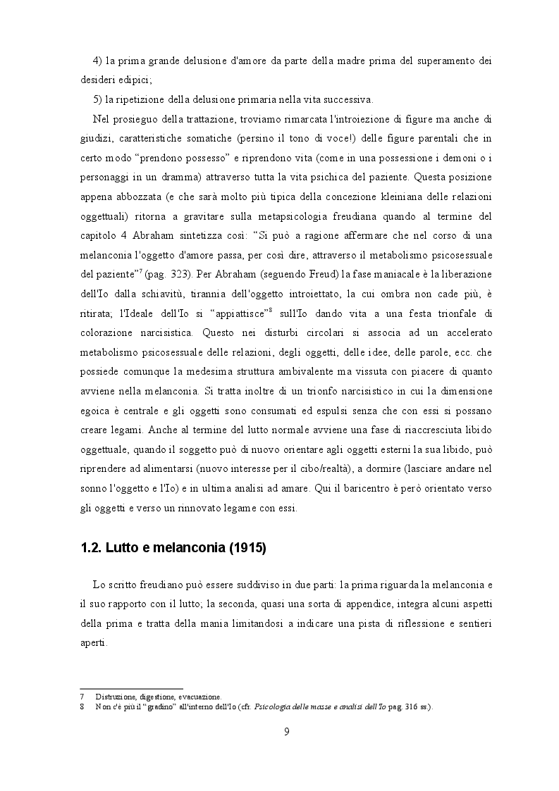 Estratto dalla tesi: ''Lutto e melanconia'': un percorso da Freud alla psicoanalisi contemporanea
