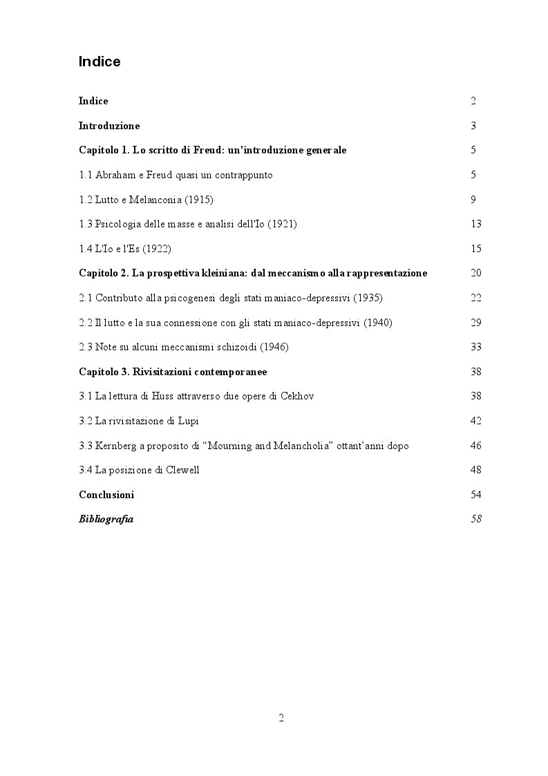 Indice della tesi: ''Lutto e melanconia'': un percorso da Freud alla psicoanalisi contemporanea, Pagina 1
