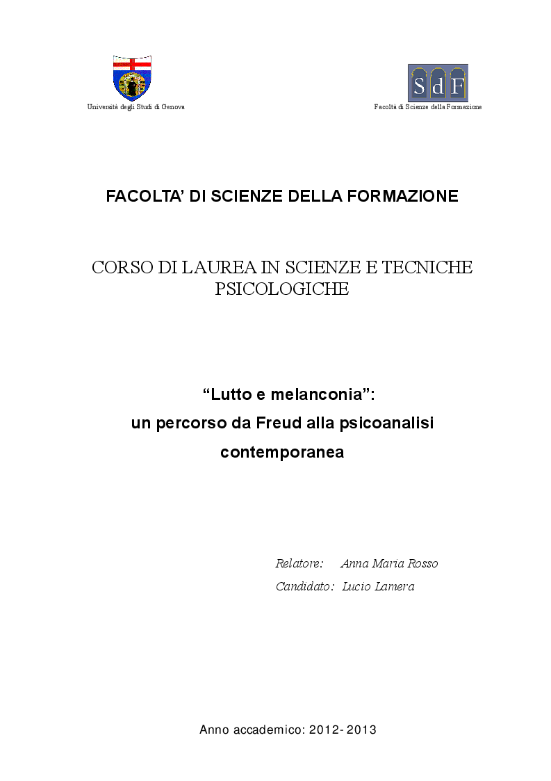 Anteprima della tesi: ''Lutto e melanconia'': un percorso da Freud alla psicoanalisi contemporanea, Pagina 1