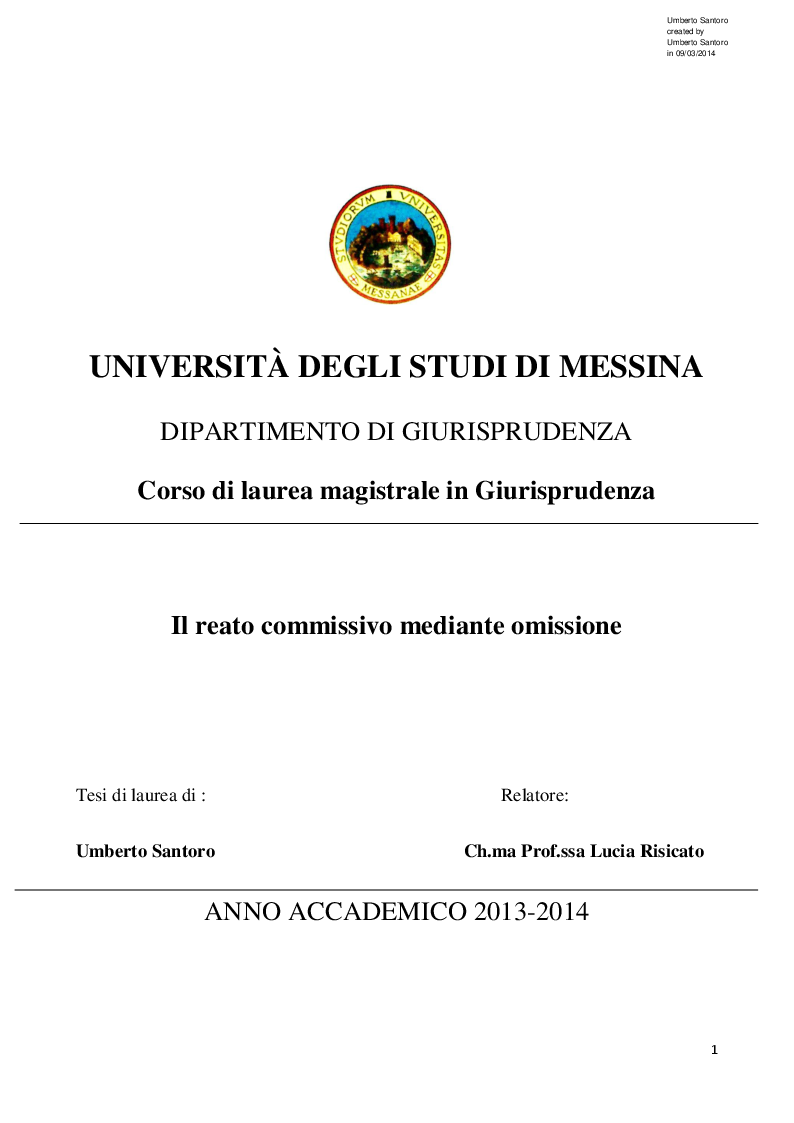Anteprima della tesi: Il reato commissivo mediante omissione - Il reato omissivo improprio, Pagina 1