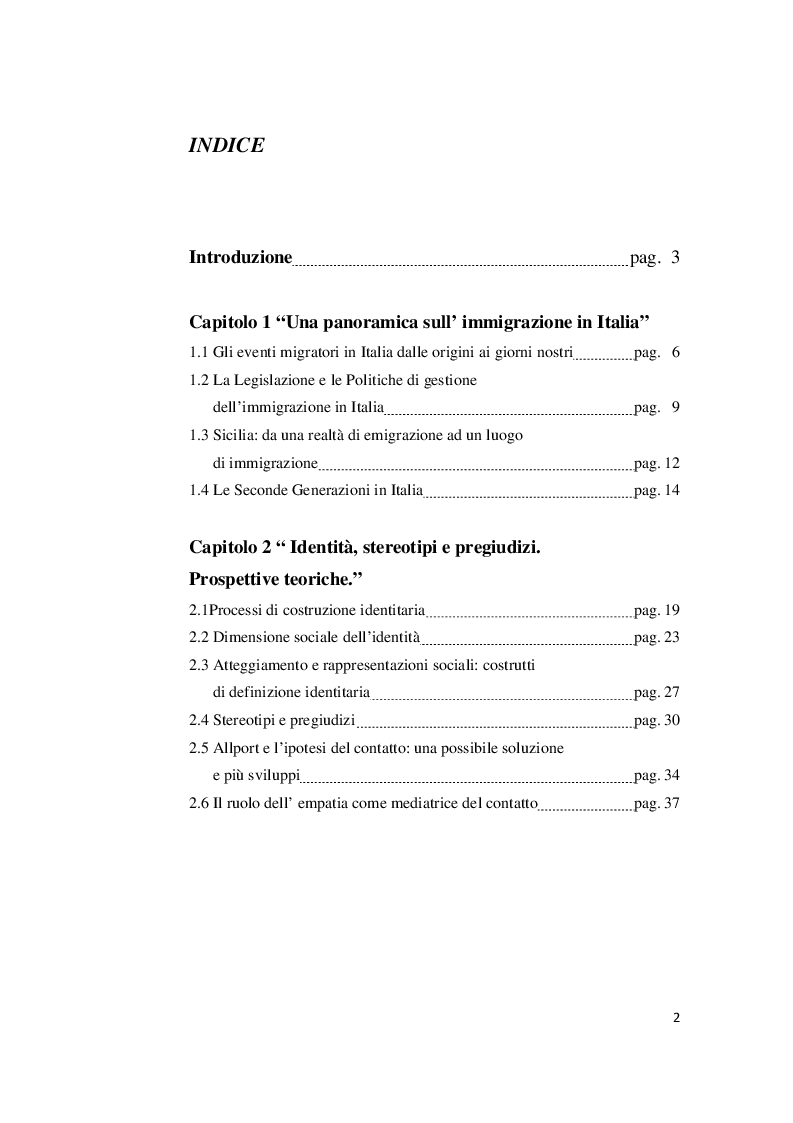 Indice della tesi: Gli immigrati di seconda generazione nel territorio calatino, Pagina 1