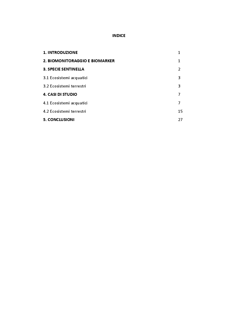 Indice della tesi: Comparazione tra bioindicatori di ecosistemi acquatici e terrestri, Pagina 1