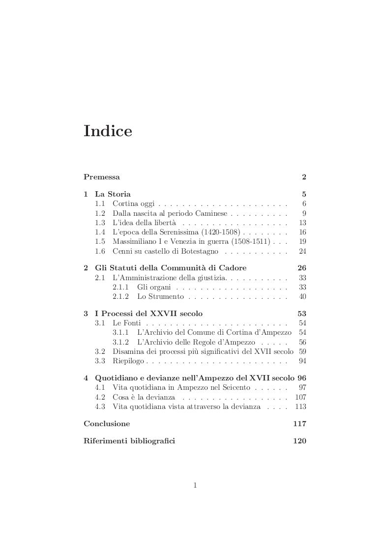 Indice della tesi: Il Seicento in Ampezzo: Statuti, vita processi e devianze, Pagina 1