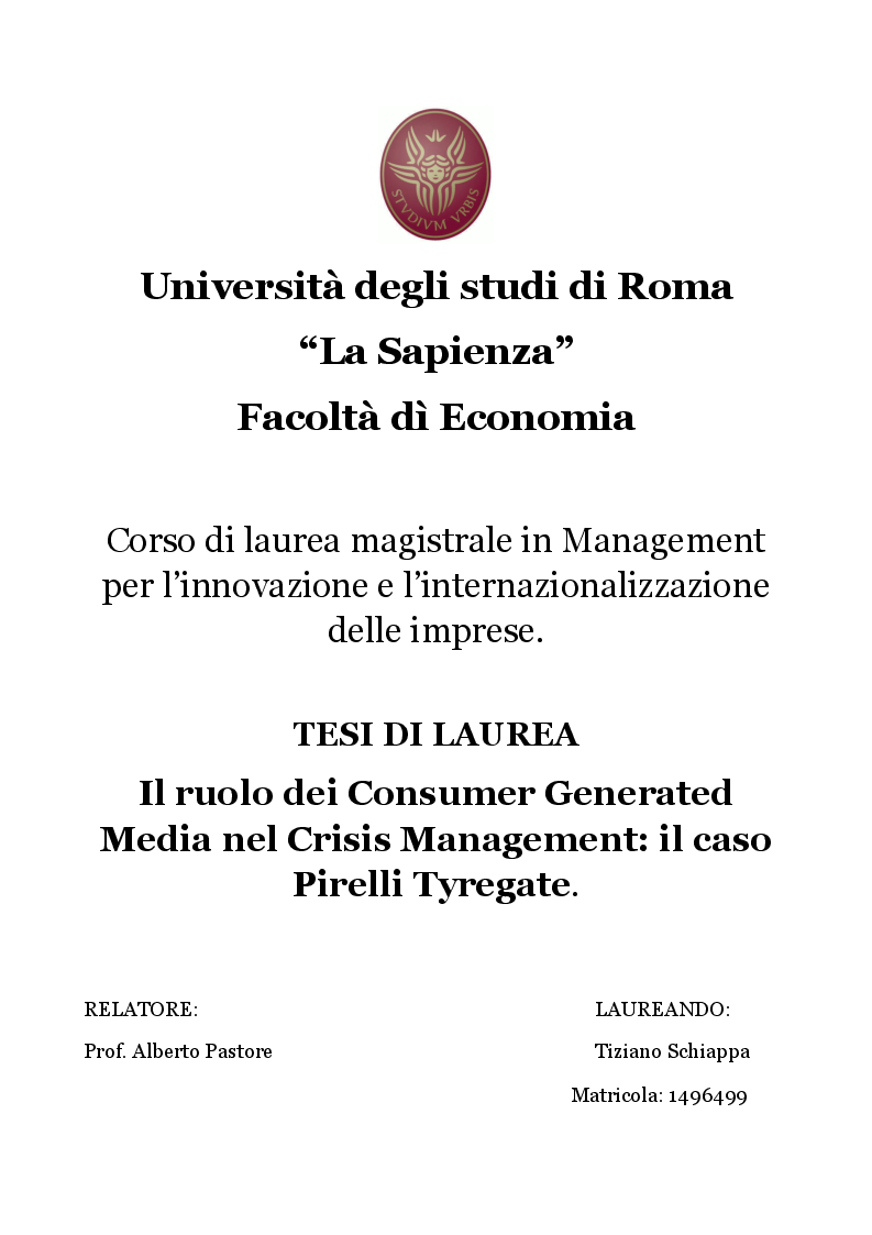 Anteprima della tesi: Il ruolo dei Consumer Generated Media nel Crisis Management. Il Caso Pirelli Tyregate, Pagina 1