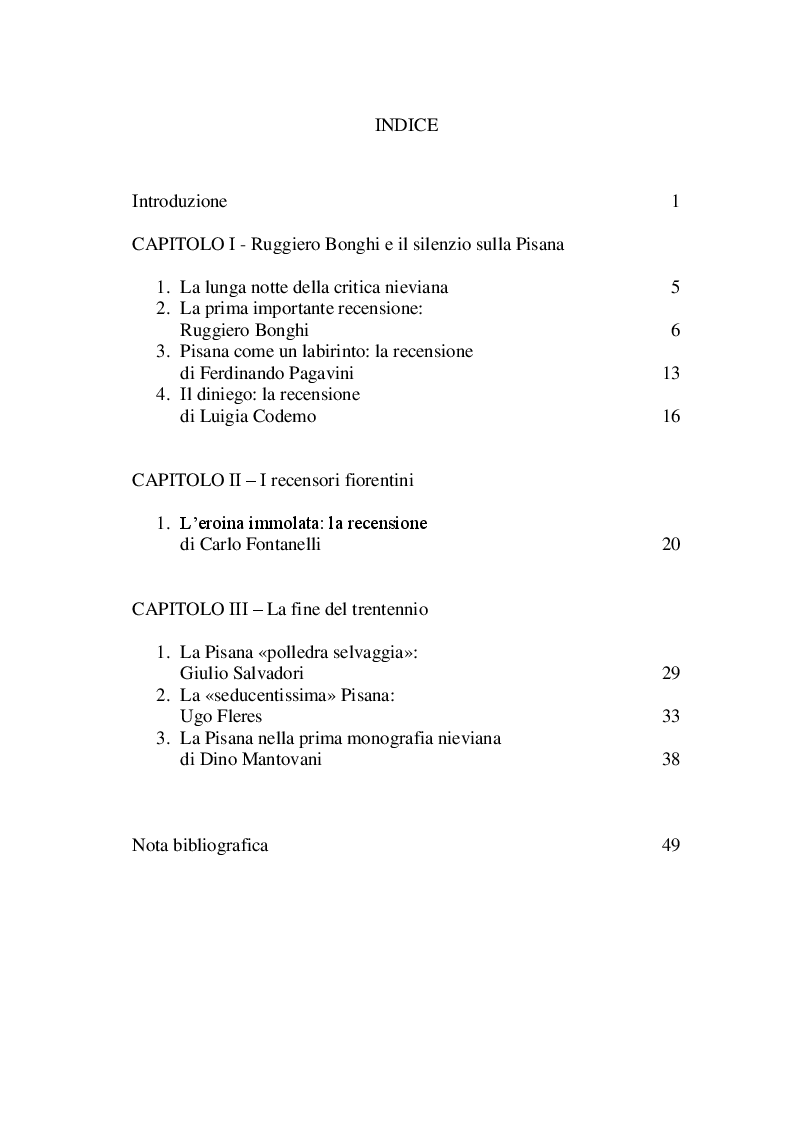 Indice della tesi: Pisana nella critica nieviana 1867 - 1899, Pagina 1