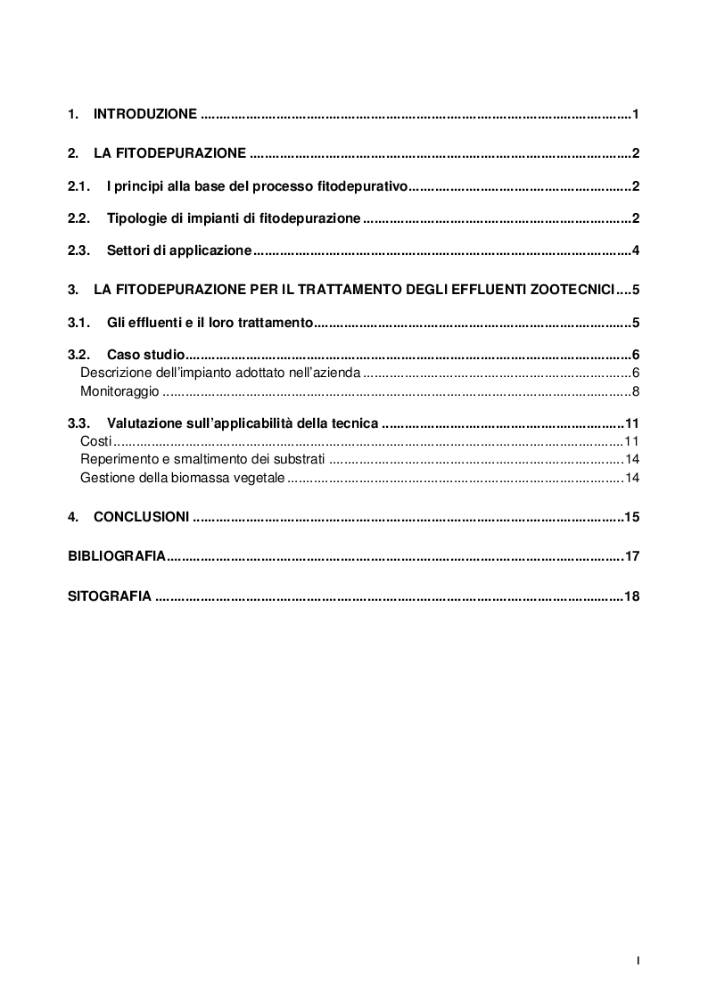Indice della tesi: La fitodepurazione per il trattamento degli effluenti zootecnici, Pagina 1