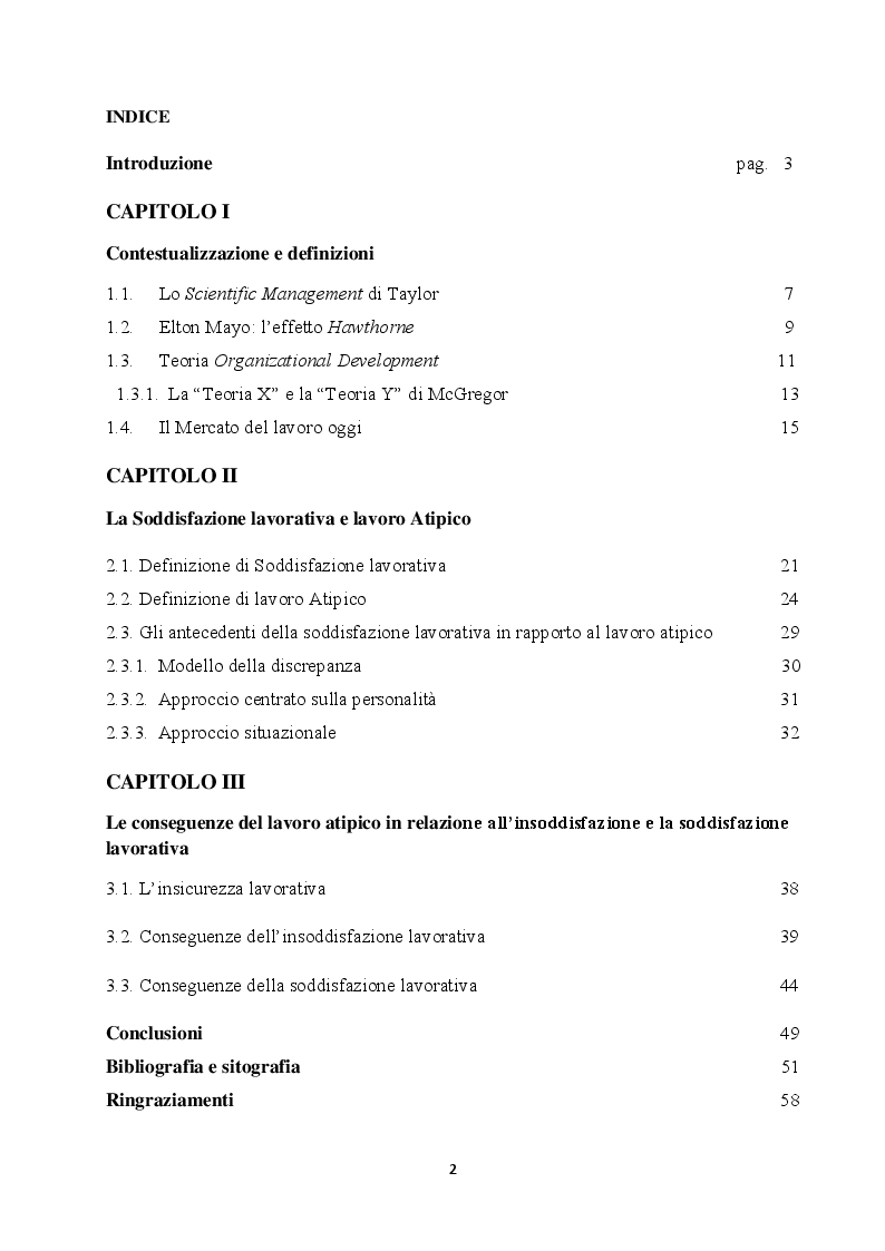 Indice della tesi: La soddisfazione e l'insoddisfazione lavorativa nei lavoratori atipici, Pagina 1