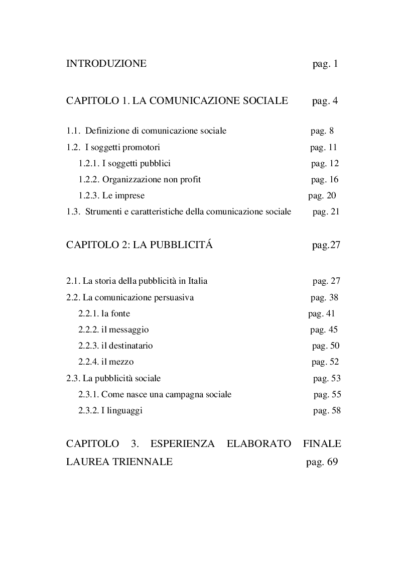 Indice della tesi: Pubblicità sociale e web communication: il caso delle adozioni internazionali, Pagina 1
