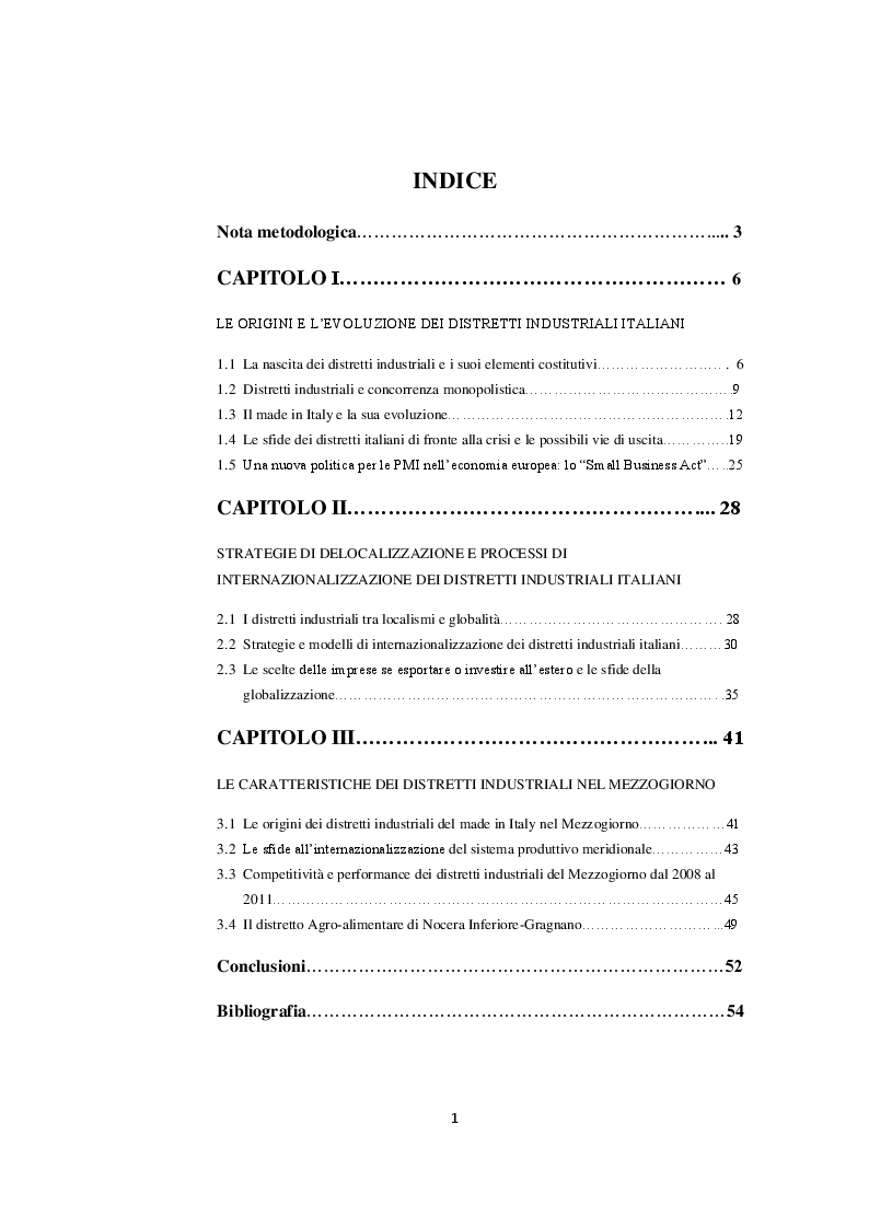 Indice della tesi: I distretti in Italia tra crisi ed evoluzione: quale sarà il loro scenario futuro?, Pagina 1