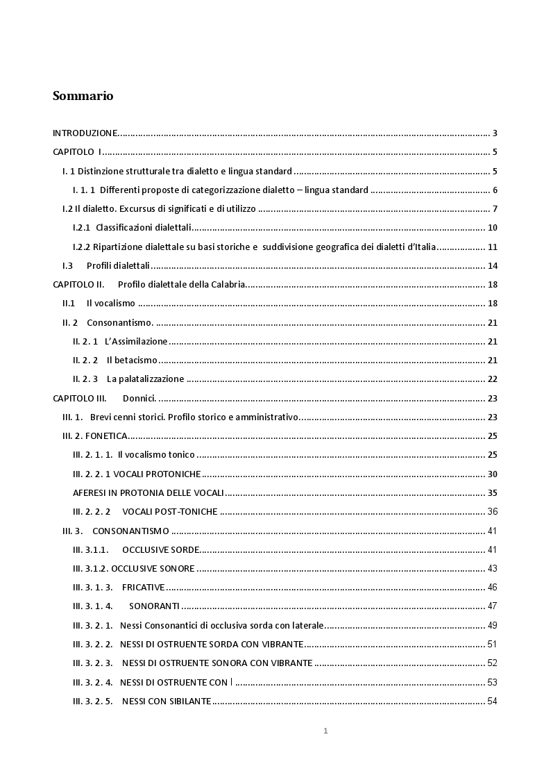 Indice della tesi: Percorso di linguistica storica. Dal latino al dialetto di Donnici, Pagina 1