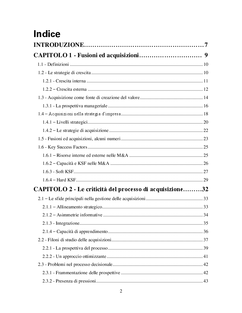Indice della tesi: Il processo di integrazione post-acquisizione: aspetti metodologici e analisi di un caso aziendale, Pagina 1