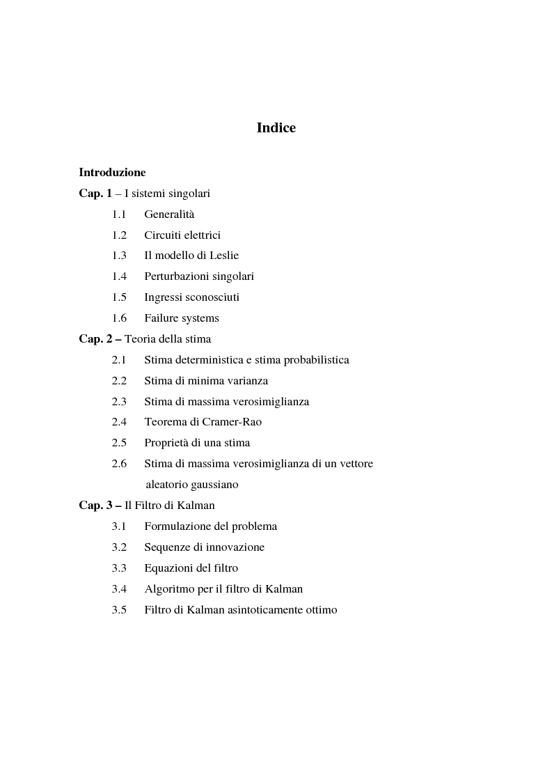 Indice della tesi: Filtraggio di sistemi singolari, Pagina 1