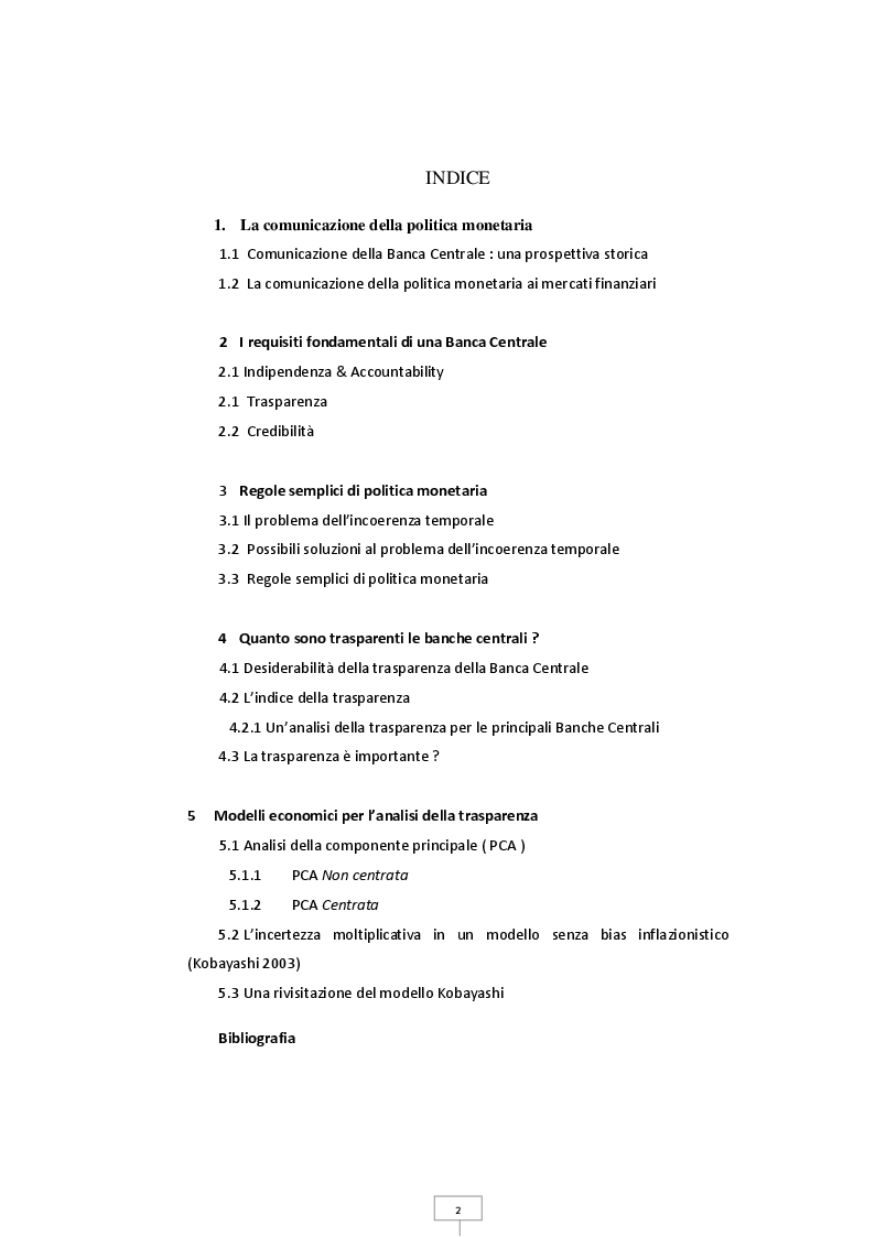 Indice della tesi: Trasparenza e credibilità nella gestione della politica monetaria, Pagina 1