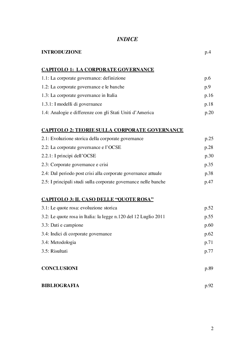 Indice della tesi: La corporate governance: l'evoluzione delle quote rosa, Pagina 1